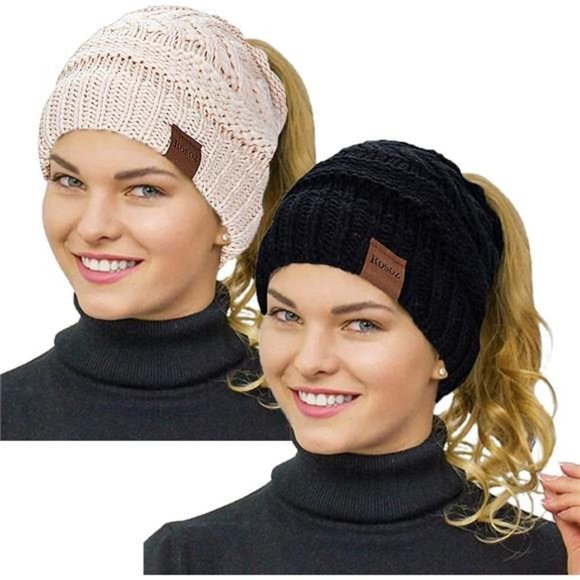 2 Pack Ponytail Beanie for Women,Winter Warm Beanie Tail Soft Stretch Cable Knit - Picture 1 of 6